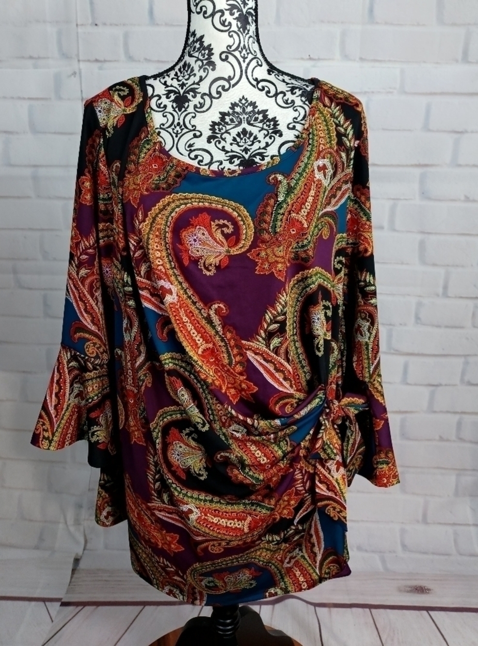Chenault mini flared long sleeves paisley print stretch knit size 24 side tie